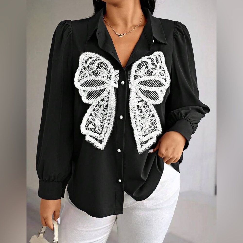 Laced Bow tie Button Up Blouse.